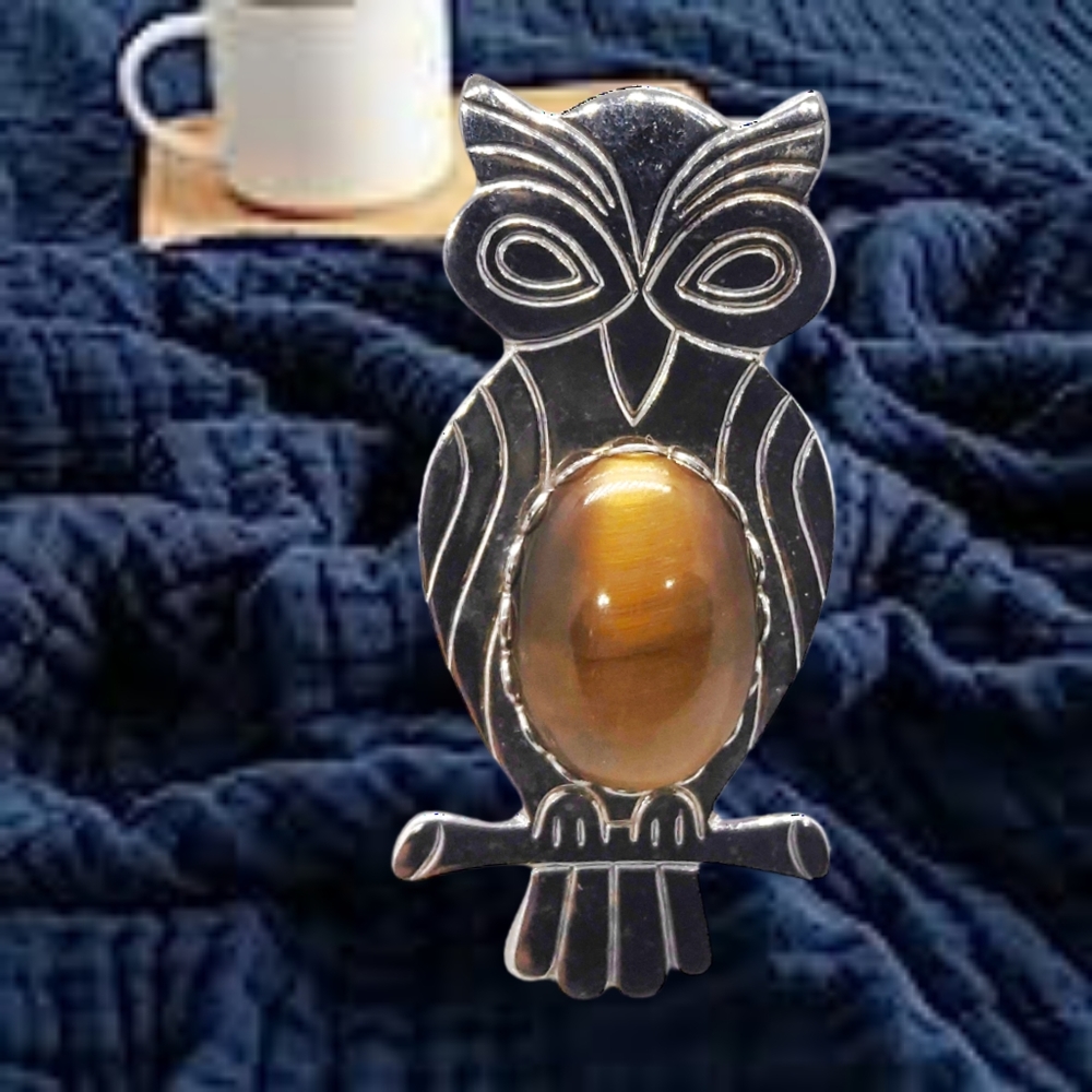 Owl Brooch w/ Genuine Tiger Stone. NWOT